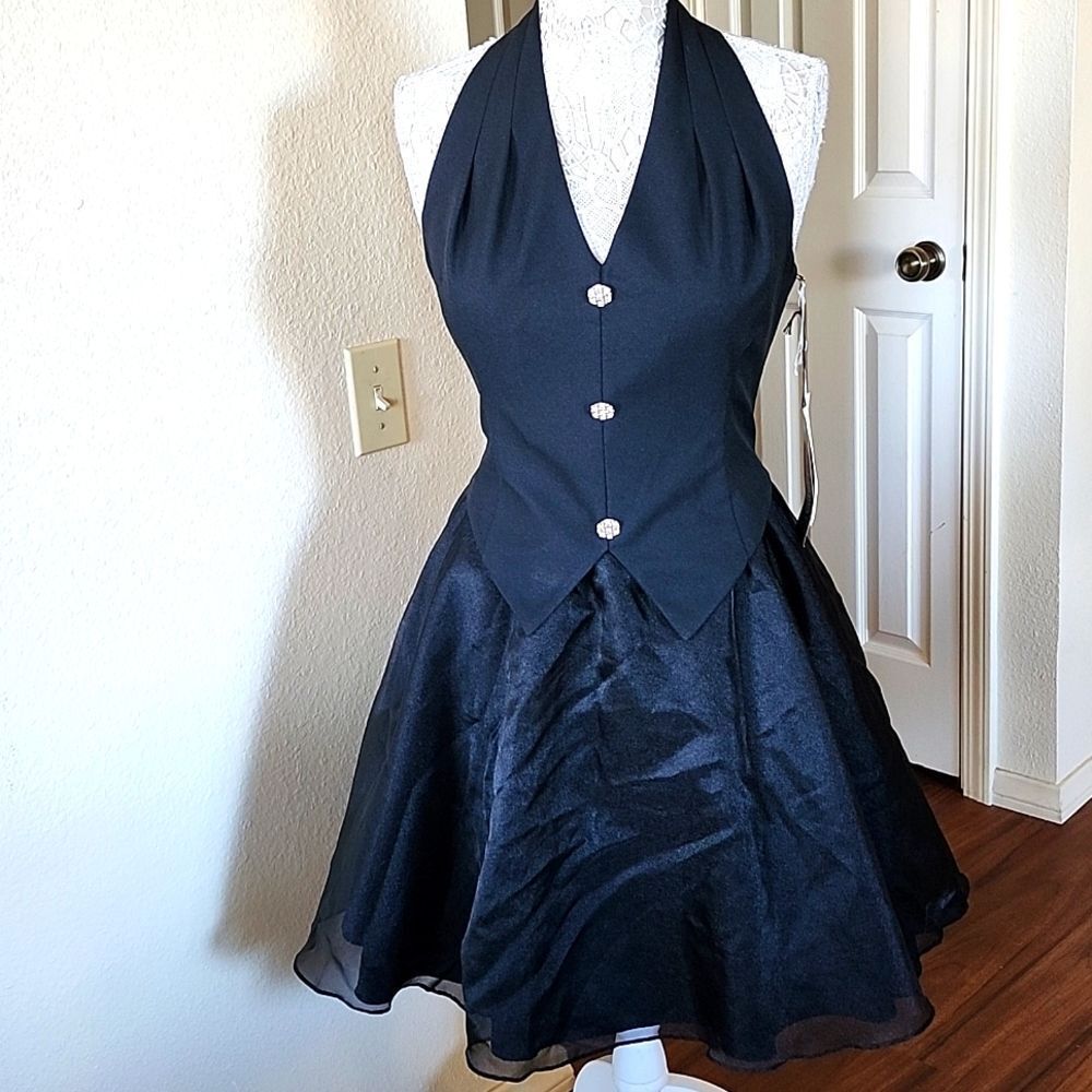 Jessica Howard Midi Tuxedo Formal Satin And Tulle Skirt Halter Dress Size‎ 8 NEW
